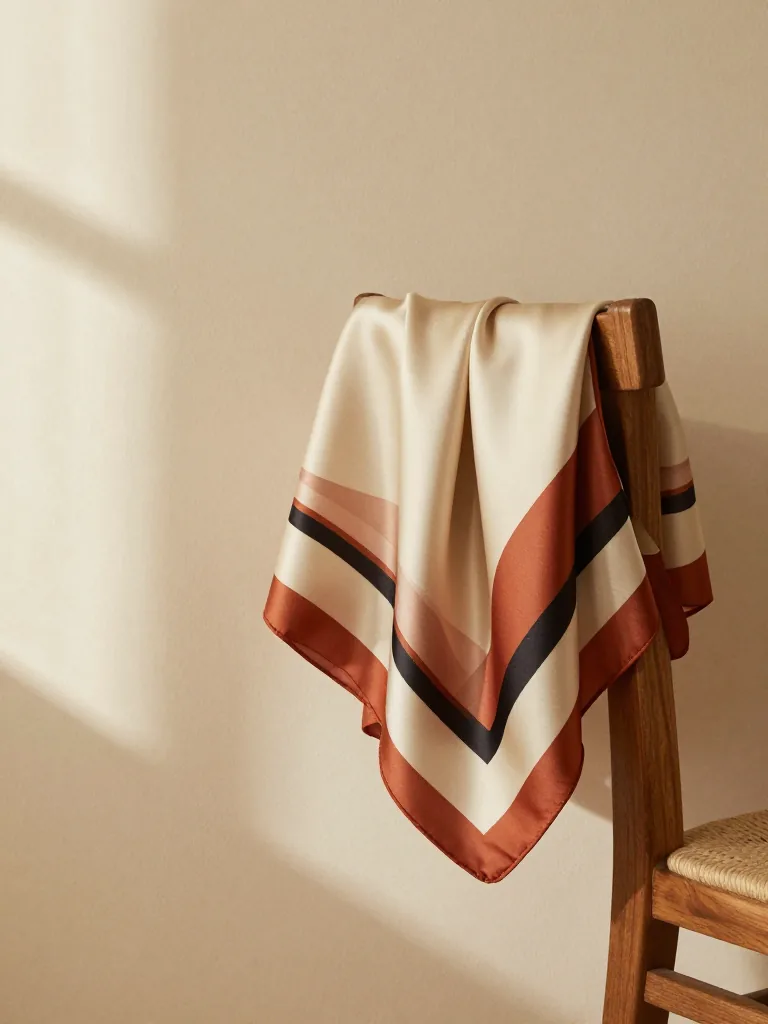 Un foulard de seda de la valija, en crema, rojo y negro, colgado del respaldo de una silla junto a la ventana